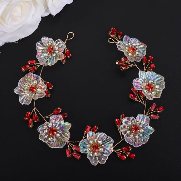 Accessories - Iridescent AB Color Flower Hair Vine Bridal Red Crystal Headband with Flower Rhi